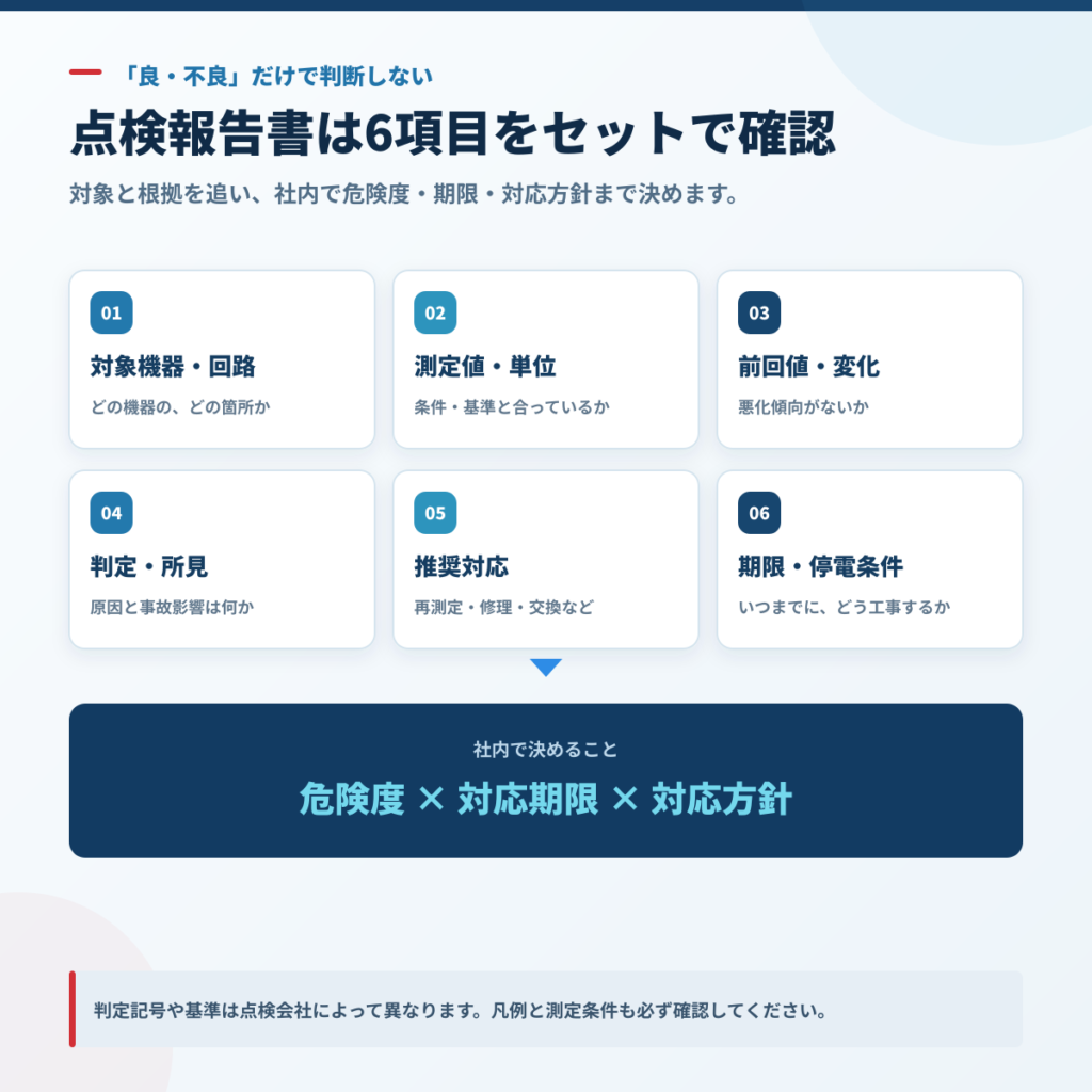 月次点検と年次点検の主な違いを運転状態、確認項目、目的で比較した図