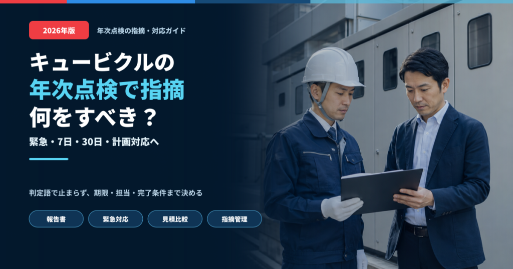 キュービクルの年次点検で指摘を受けた後の対応手順を示すアイキャッチ画像