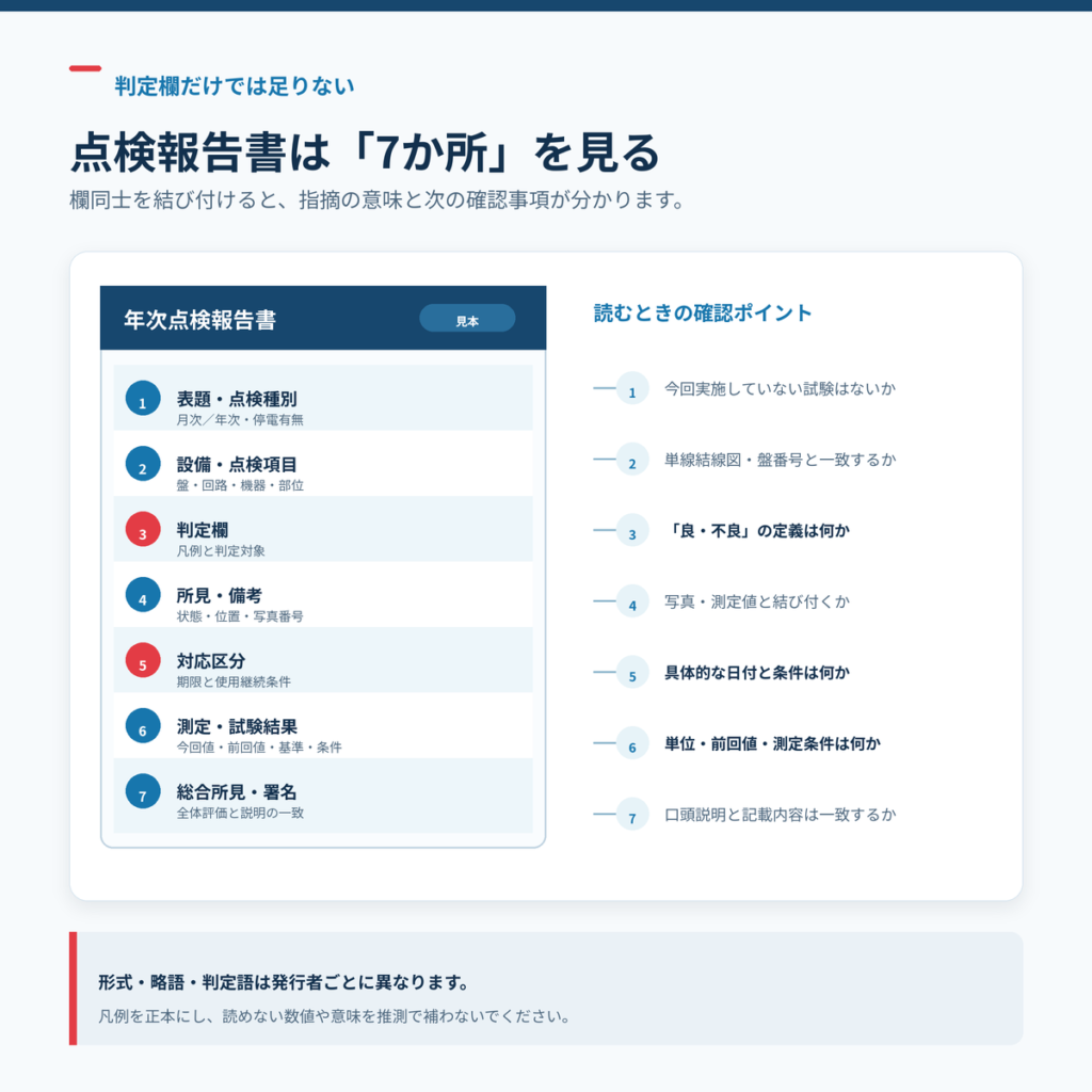 キュービクル点検報告書で確認する7か所（表題・対象機器・判定欄・所見・対応区分・測定結果・総合所見）