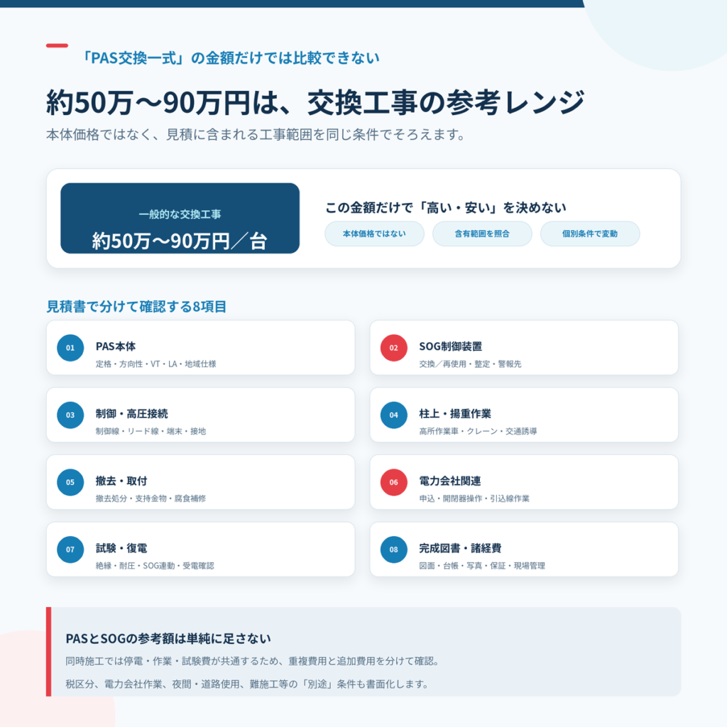PAS交換費用約50万〜90万円に含まれるPAS本体・SOG・柱上作業・電力会社作業・試験・完成図書など8項目