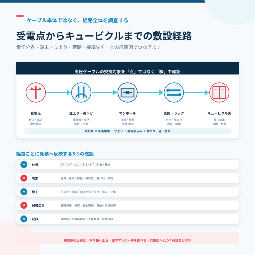 受電点から立上り、マンホール、管路を通りキュービクルへ至る高圧ケーブル敷設経路