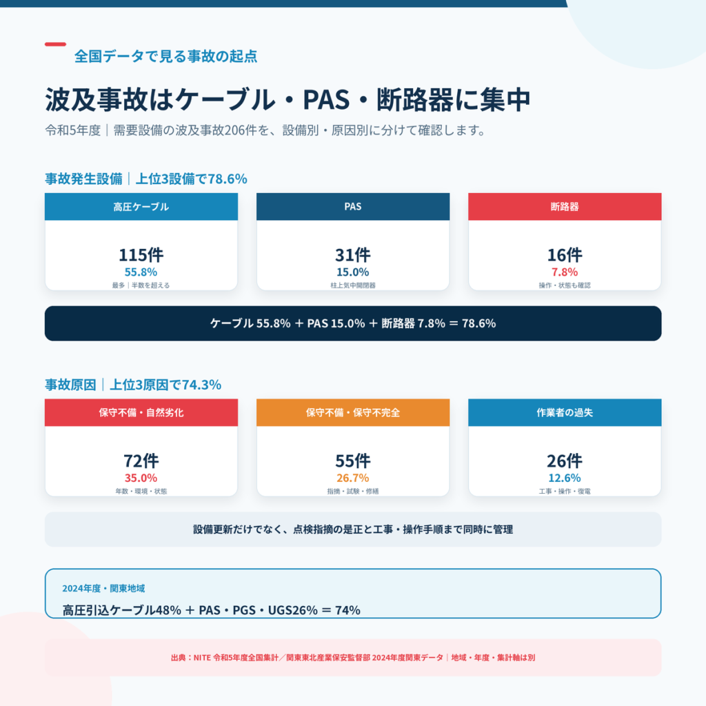 需要設備の波及事故206件における設備別・原因別の内訳