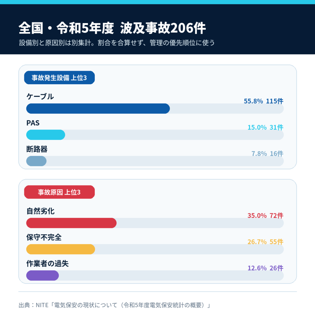 令和5年度全国の波及事故206件における設備別・原因別上位3項目