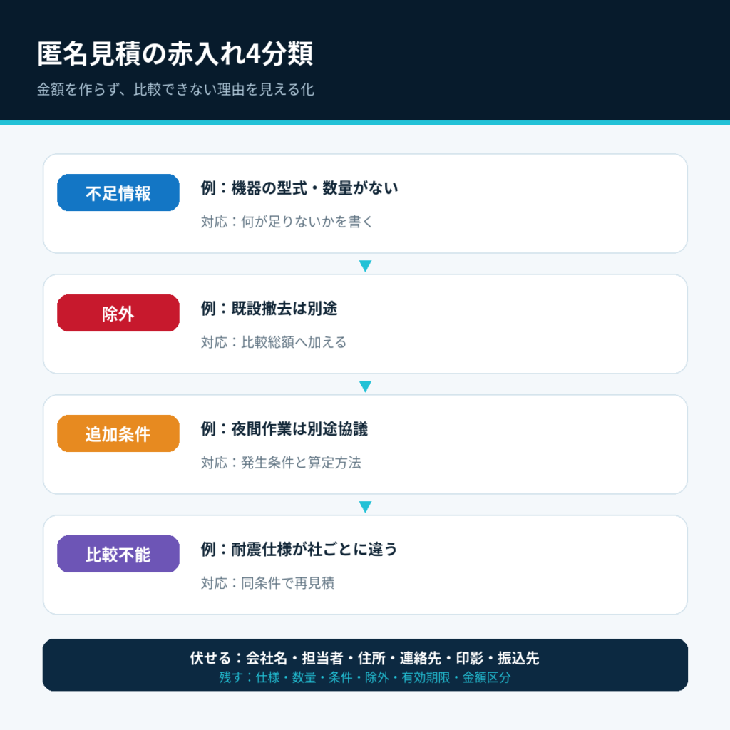 匿名化したキュービクル見積を不足情報・除外・追加条件・比較不能に分類する図