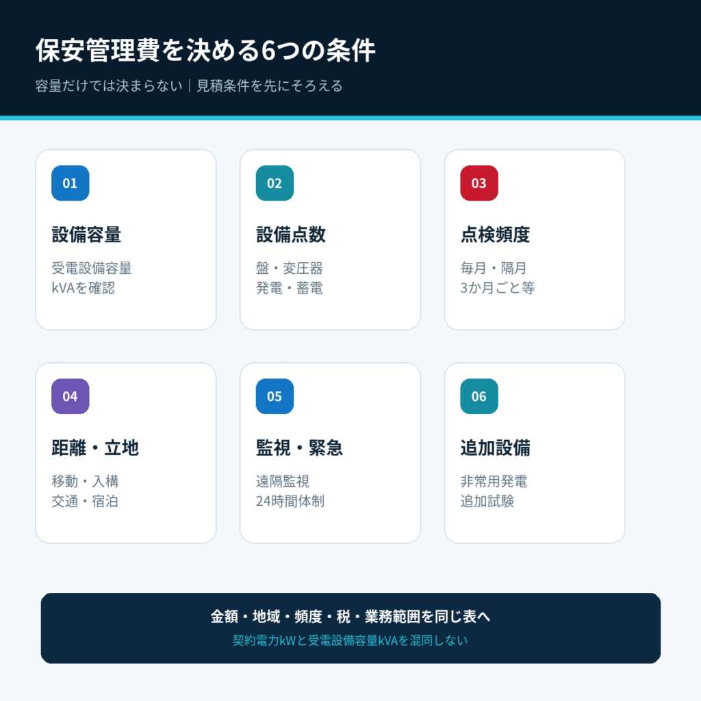 キュービクルの保安管理費を決める設備容量・点数・頻度・距離・監視・追加設備の6条件