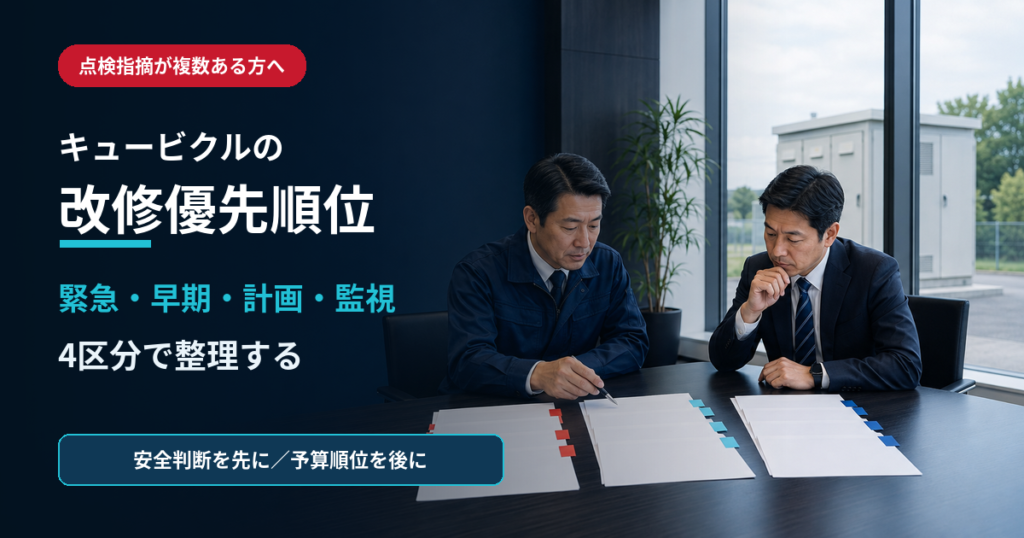 キュービクルの改修優先順位を緊急・早期・計画・監視の4区分で整理する記事のアイキャッチ